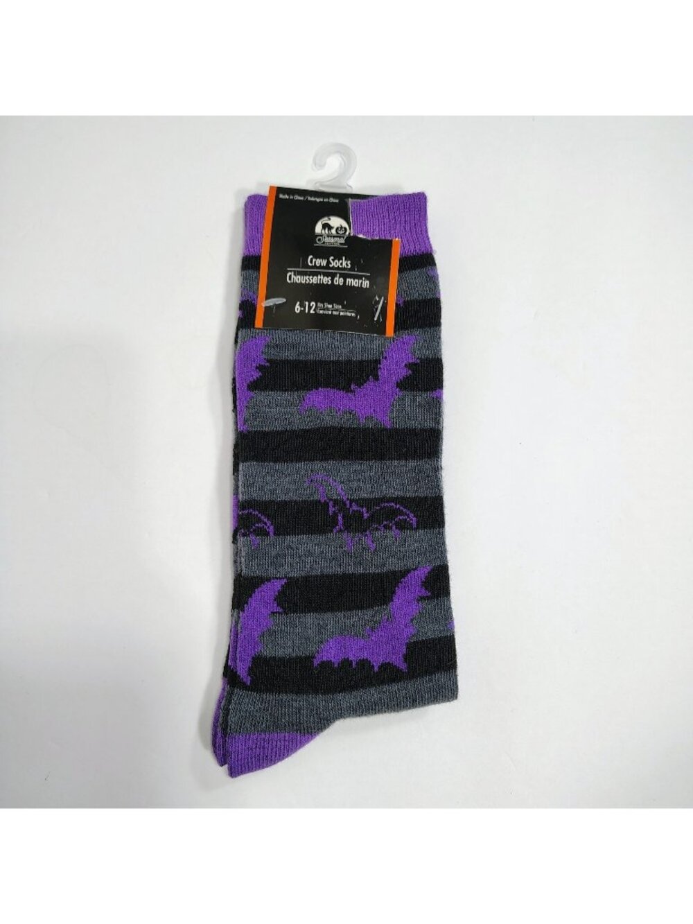 Halloween Crew Socks Womens Size 6-12 Black Purple Grey Striped Bat Pattern